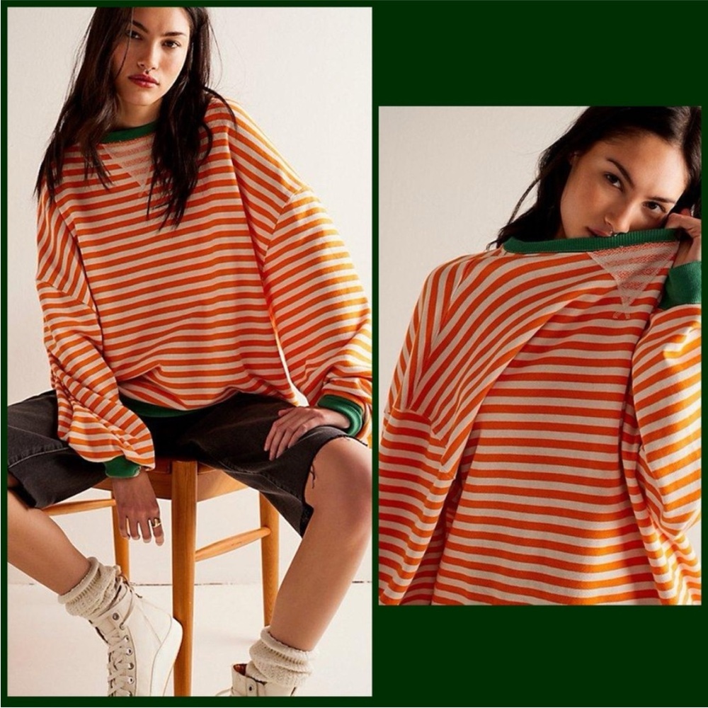NWOT Free People Orange Green Long Sleeve Crew Neck Oversized Sweatshirt Size XL